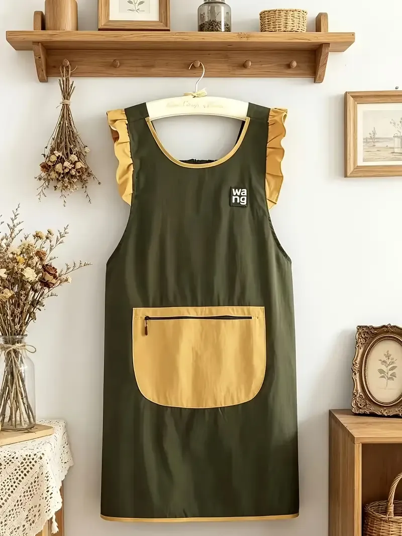 Fashion Waterproof Apron with Ruffled Sleeves, Zippered Large Pocket & Back Tie, Waterproof & Breathable Non-Stuffy — image 6