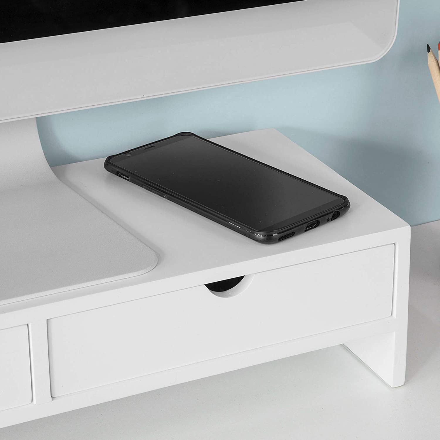 White Monitor Stand Desk Organizer with 2 Drawers — image 6