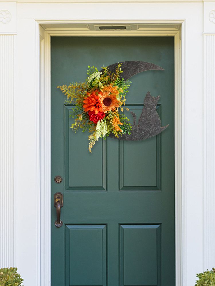 Halloween Moon Cat Garland Halloween Wreath Hanging Decoration for Halloween Party Home Farmhouse Porch Front Door Decor — image 6