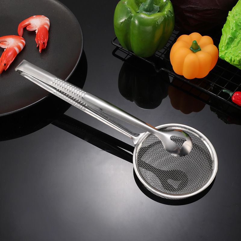 2 in 1 Stainless Steel Fine Mesh Strainer With Clip Tongs Oil Filter Spoon Multi-functional Reusable BBQ Filter Clamp Strainer — image 4