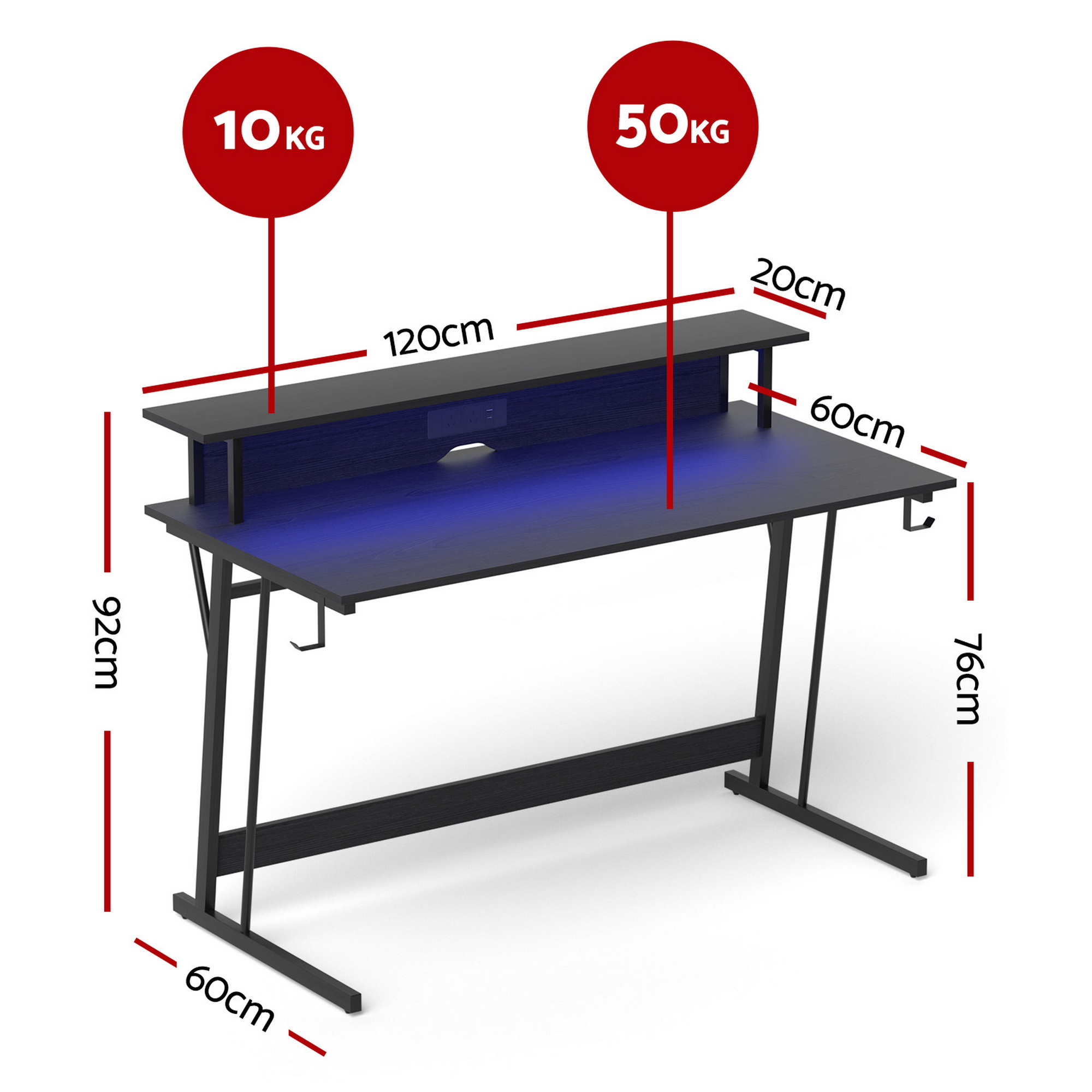 Artiss Gaming Desk with LED Lights Computer Desk Table with Monitor Shelf Power 120cm — image 2