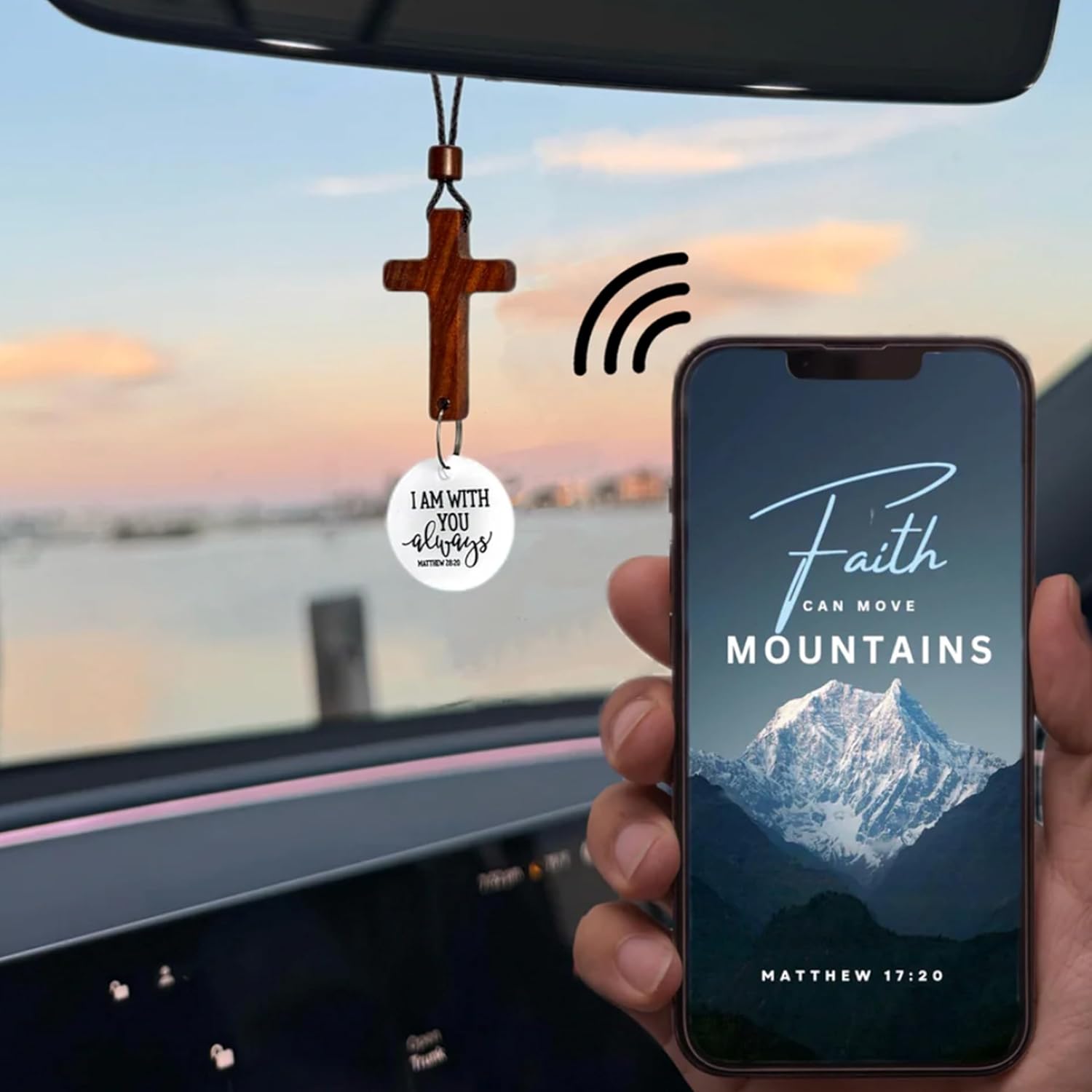 Daily Bible Verse Rearview Mirror Cross Ornament – Daily Scripture Car Pendant Cross with "I Am with You Always" Medallion (White) — image 4