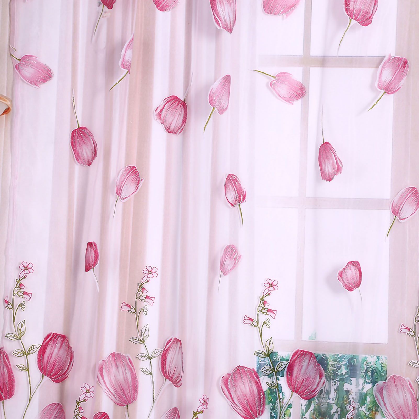 100*200cm Tulips Printing Tulle Curtains Sheer Drape Balcony Window Decoration Pink โ image 3
