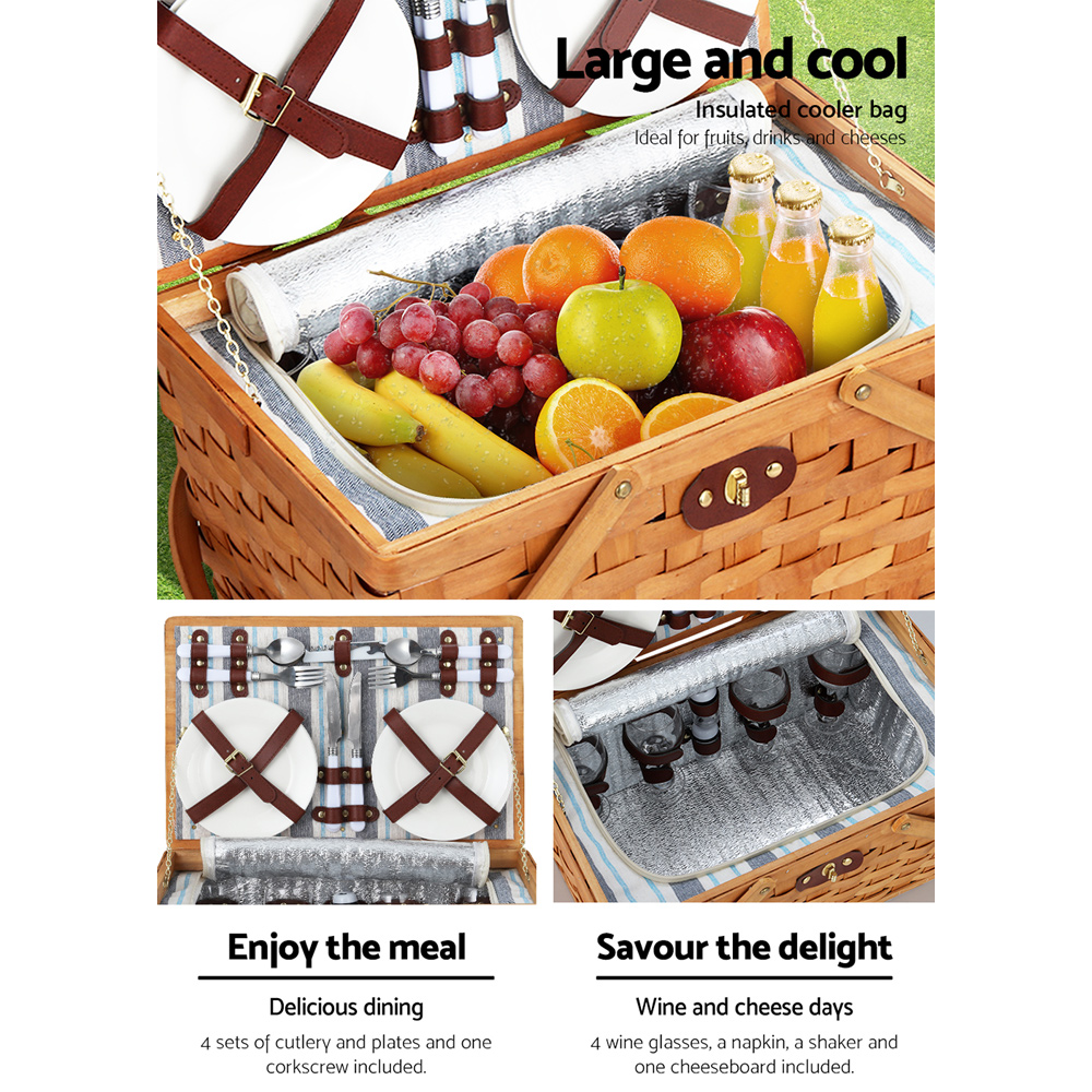 Alfresco 4 Person Picnic Basket Set Wooden Blanket Cooler Bag Outdoor Insulated — image 5