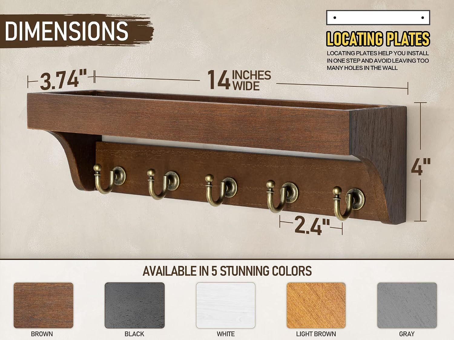Wood Wall Key Holder with 5 Hooks and Shelf Brown, 35.6 cm โ image 5
