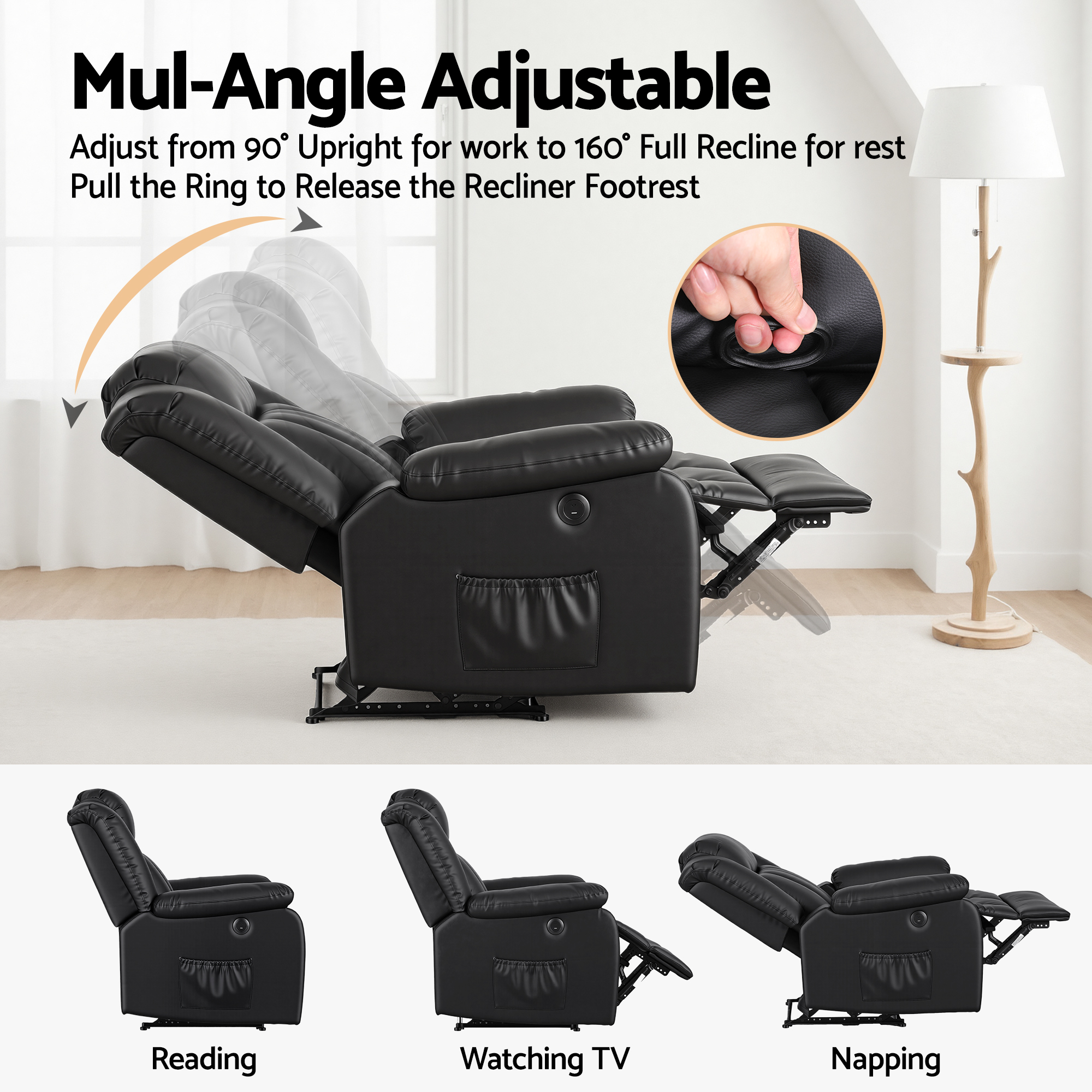 Artiss Manual Massage Recliner Chair for Living Room, Leather Sofa Lounge Reclining Chair with 2 USB Port, 160° Recline Reading Chair with 20CM Wide Armrests — image 6
