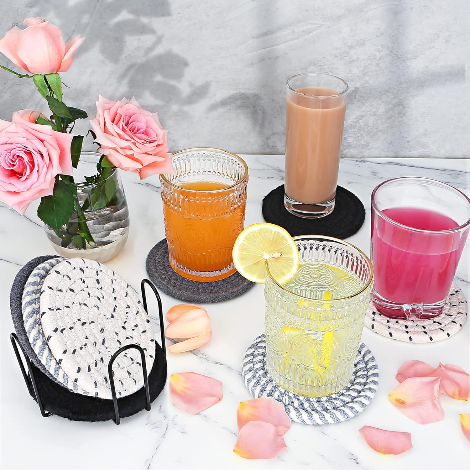 8-Piece Glass Coasters Set with Metal Holder 4 Colors Handmade Cotton Linen Heat Resistant Absorbent Kitchen Dining Table Gift — image 4