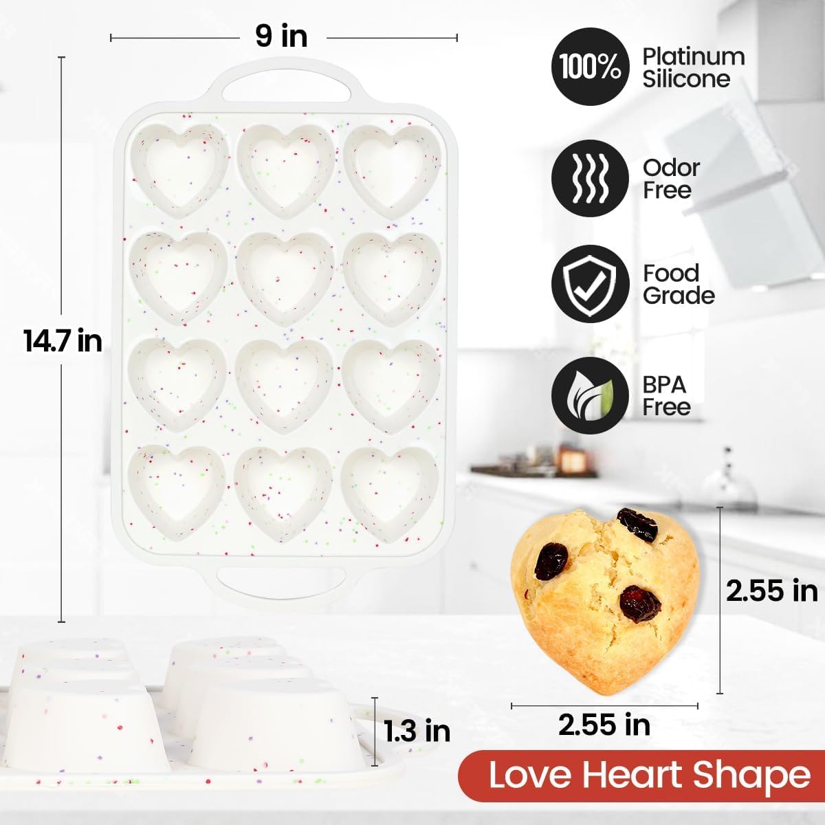 Heart Shaped Silicone Muffin Pan, Metal Reinforced Frame 12 Cups Molds for Valentine's Day Baking Muffins, Cupcakes, Tartlets, Egg Bites, Chocolate Muffin โ image 5