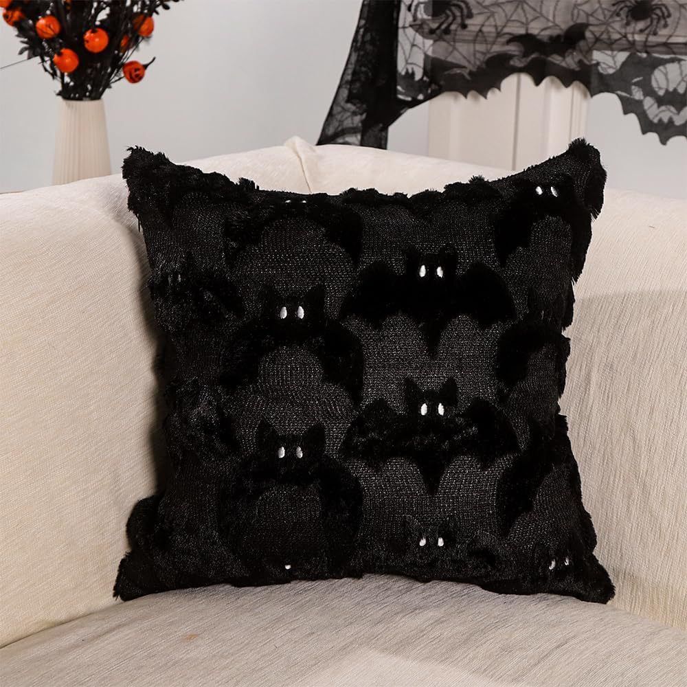 2PCS Short Plush Halloween Cushion Case, Bat Pattern Decorative Pillow Cover, For Living Room Bedroom Couch Layout, 45x45cm, Pillow Insert Not Included