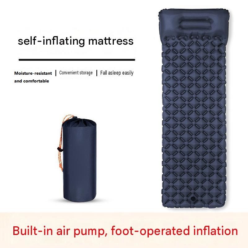 Grey Single Outdoor Foot Pump Inflatable Sleeping Pad (190 x 60 x 5 cm )- 40D Nylon Camping Air Mattress with Built-in Pillow and Double Valve — image 2