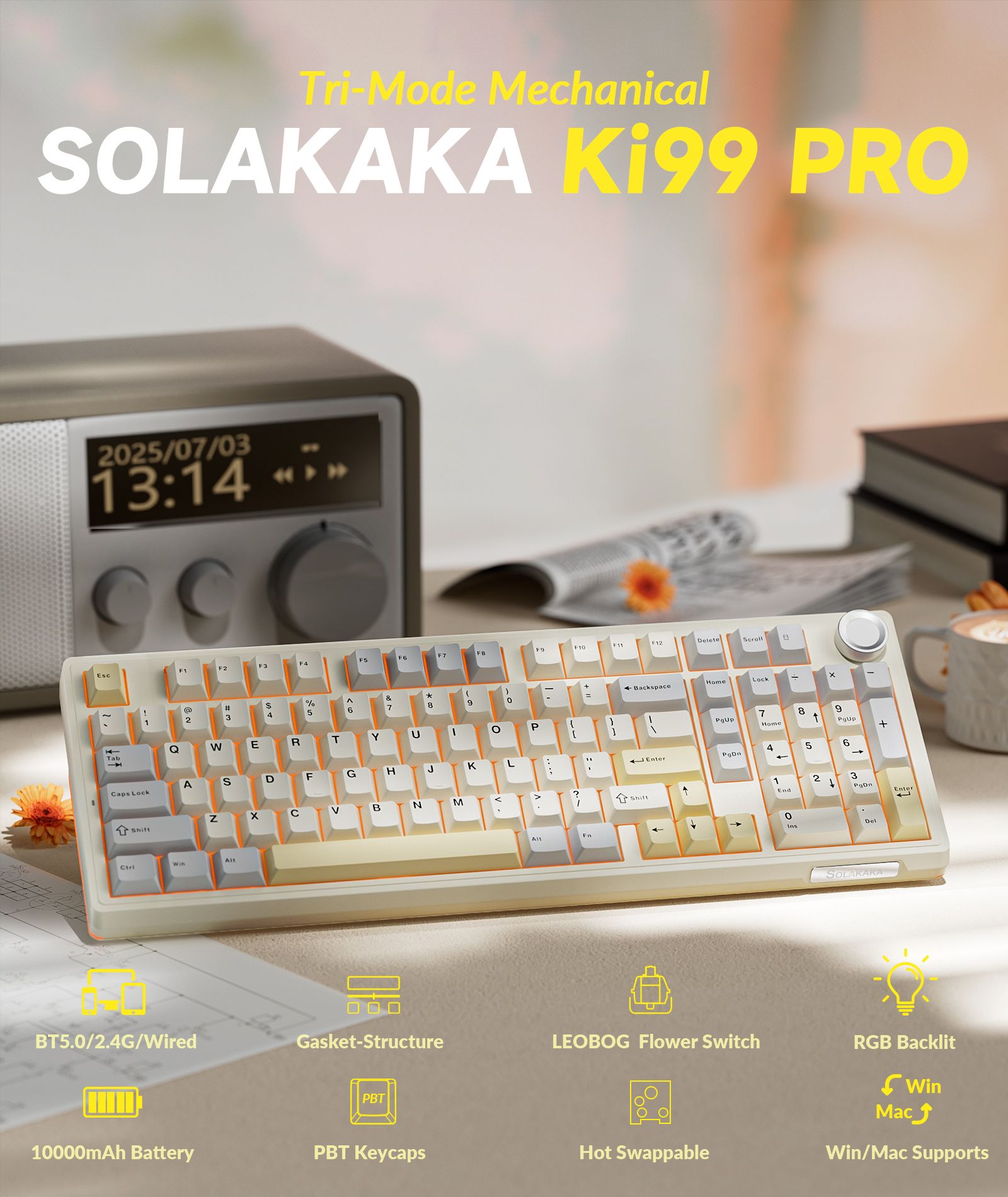 Solakaka Ki99pro 3‑Mode RGB Mechanical Keyboard, Orange-White — image 3