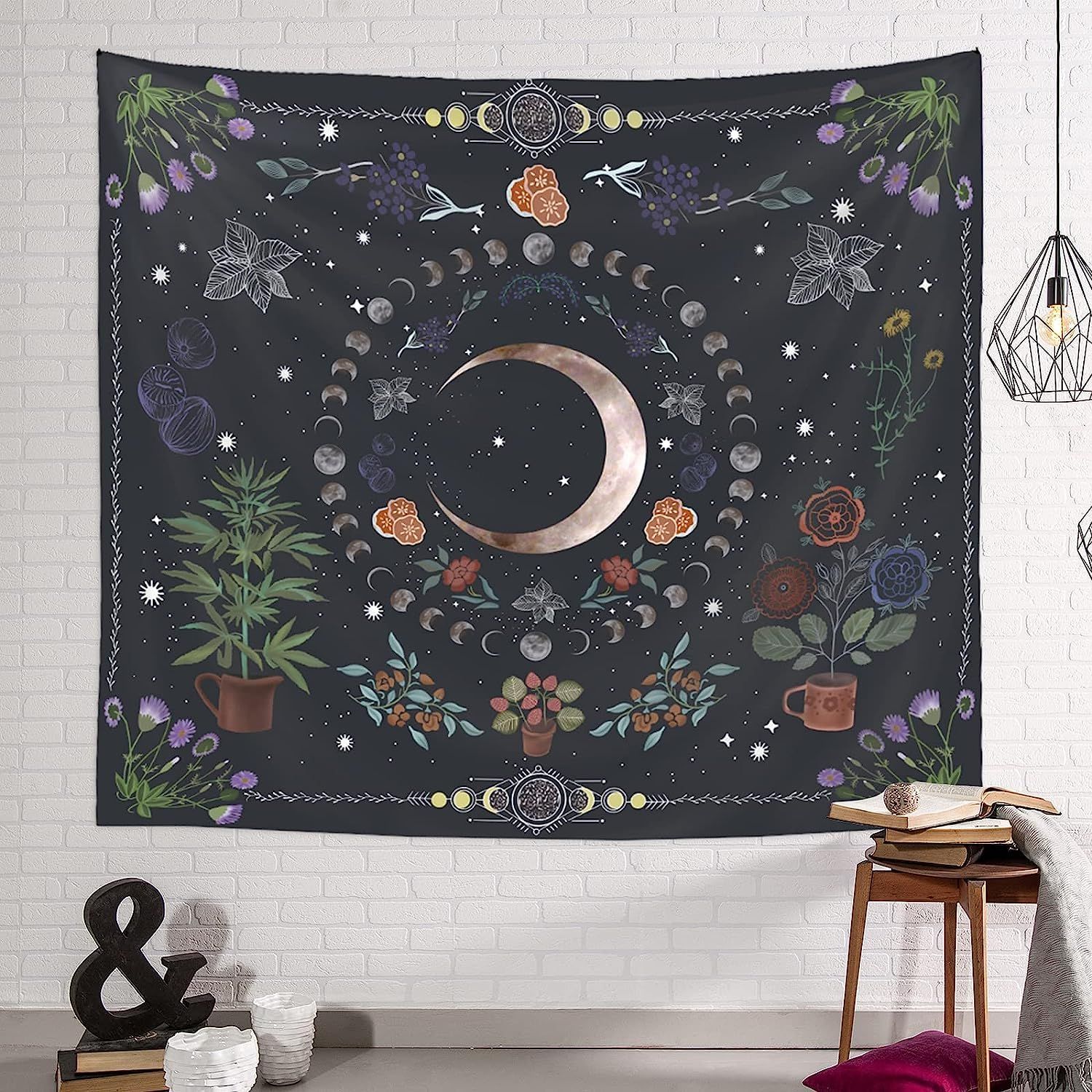 Plant Tapestry, Nature Moon Phase Tapestry Wall Hanging, Bohemian Mandala Tapestry Aesthetic Bedroom Decor โ image 4
