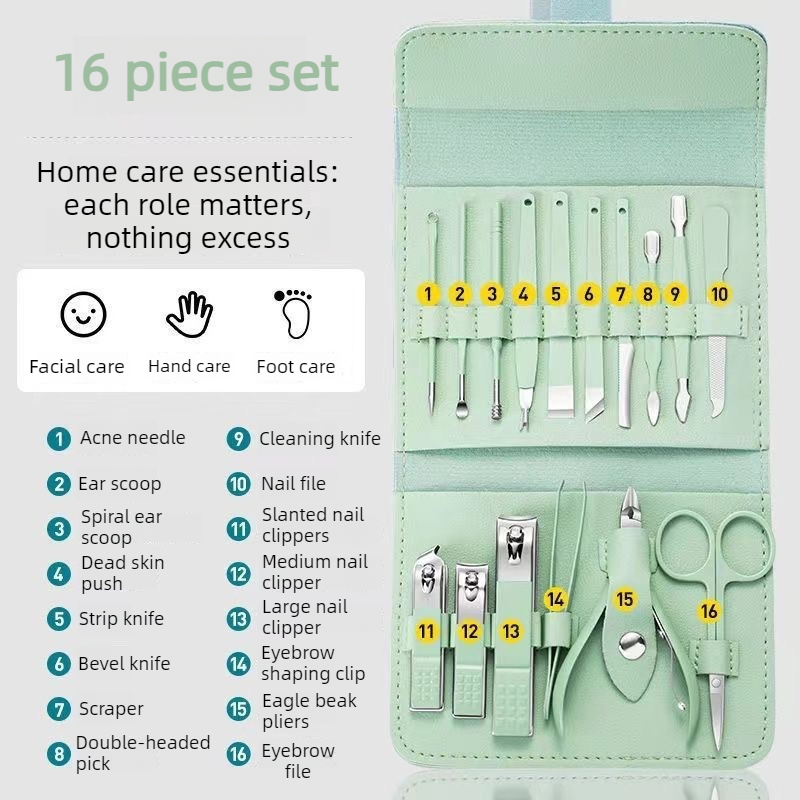 16-Piece Stainless Steel Manicure and Pedicure Set, Home Nail Clippers and Cuticle Tools Kit for Hand, Foot, and Facial Care—Green — image 2