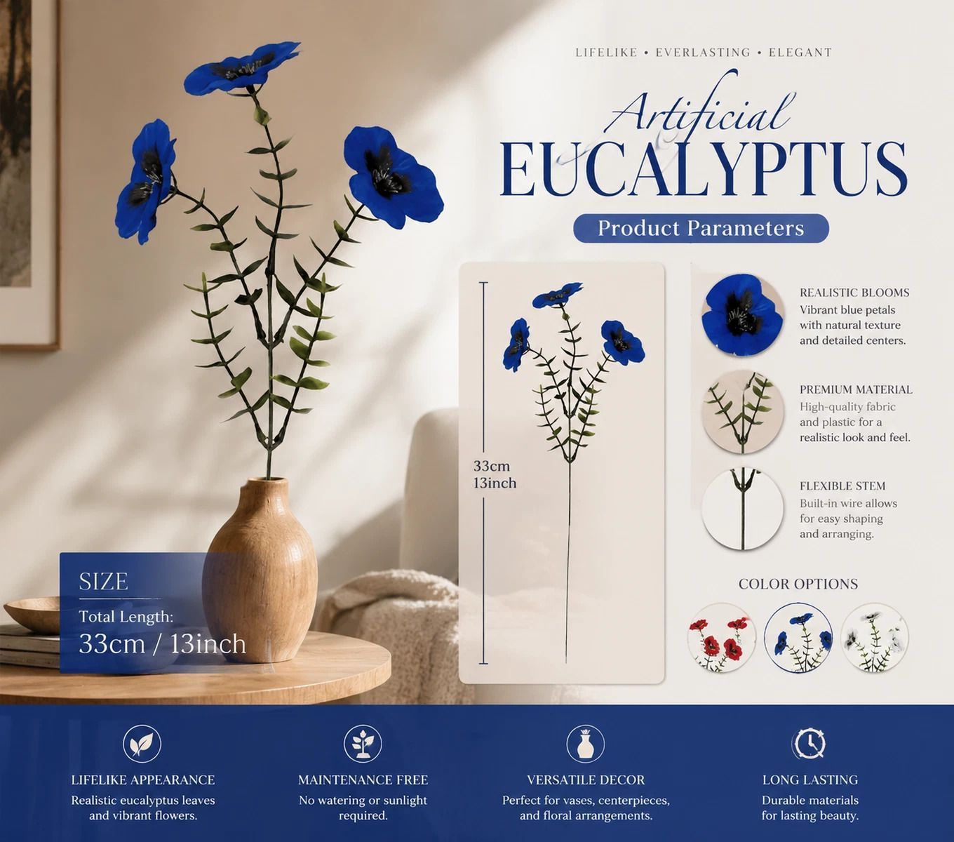 White & Blue Mixed Artificial Eucalyptus Pansy Floral Stems 10 Pack — image 4