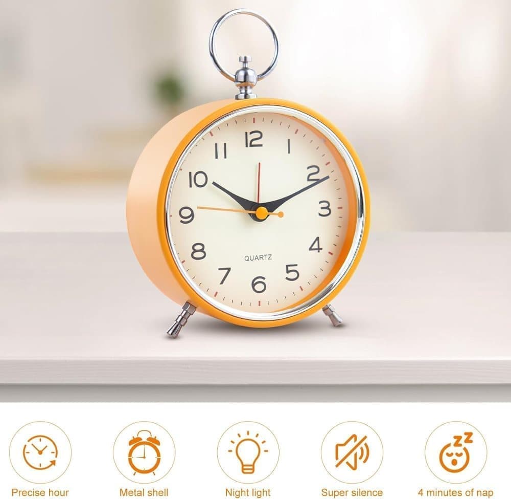 Silent Analog Alarm Clock with Snooze Button, Retro Design and Lighting, 16x11 cm, Orange — image 2