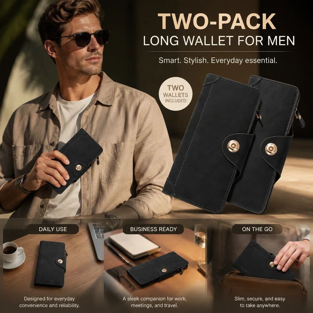 Solid Color Long Men's Wallet 2 Pcs Set, Magnetic Multi-Card Hand Clutch, Portable Daily Money Clip, Perfect Gift Bundle, Black