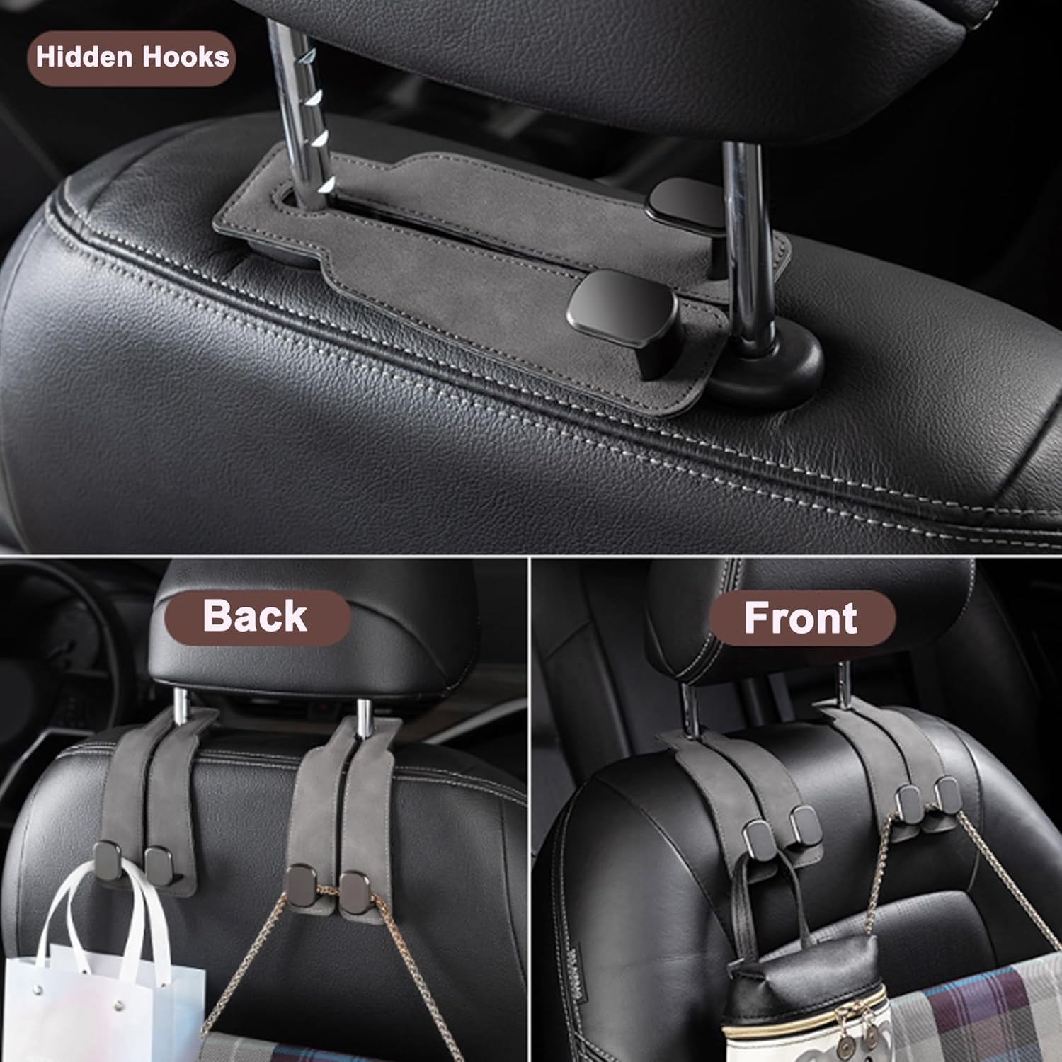 Car Headrest Hook, Car Hook for Wallet & Bag, Car Wallet Hook (Grey - Pack of 2) — image 5