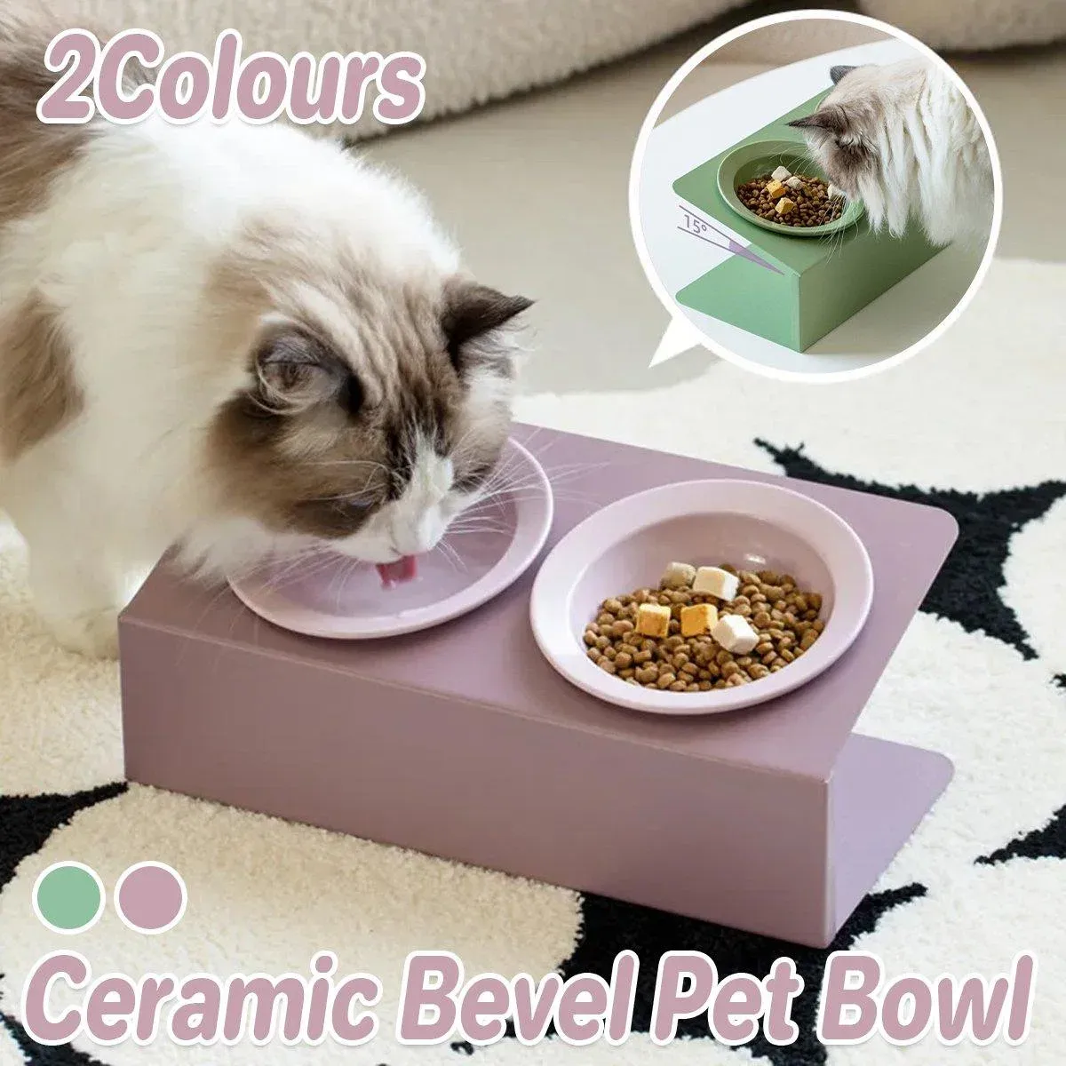 Ceramic Slanted Double Pet Bowl Cat Dog Food Water Bowl Non-Slip Feeding Dish - Green โ image 2