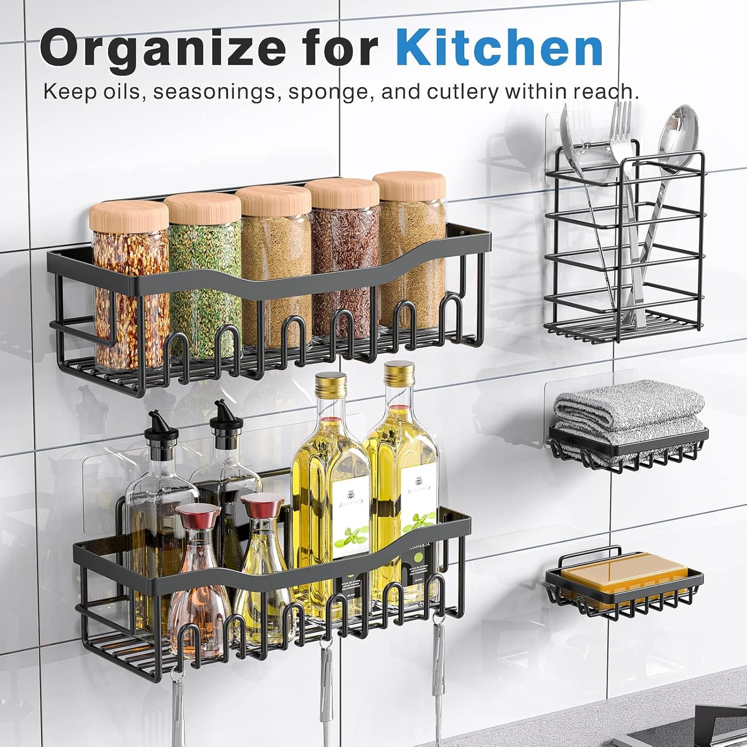 5 Pack Self-Adhesive Shower Shelves, Rust-Resistant Stainless Steel Bathroom Storage Organisers, No Drill, Black — image 3