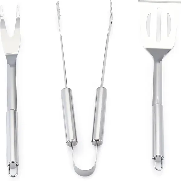 3 Piece Stainless Steel BBQ Grill Tool Set with Spatula, Fork, Tongs and Carrying Bag for Camping and Outdoor Grilling — image 2