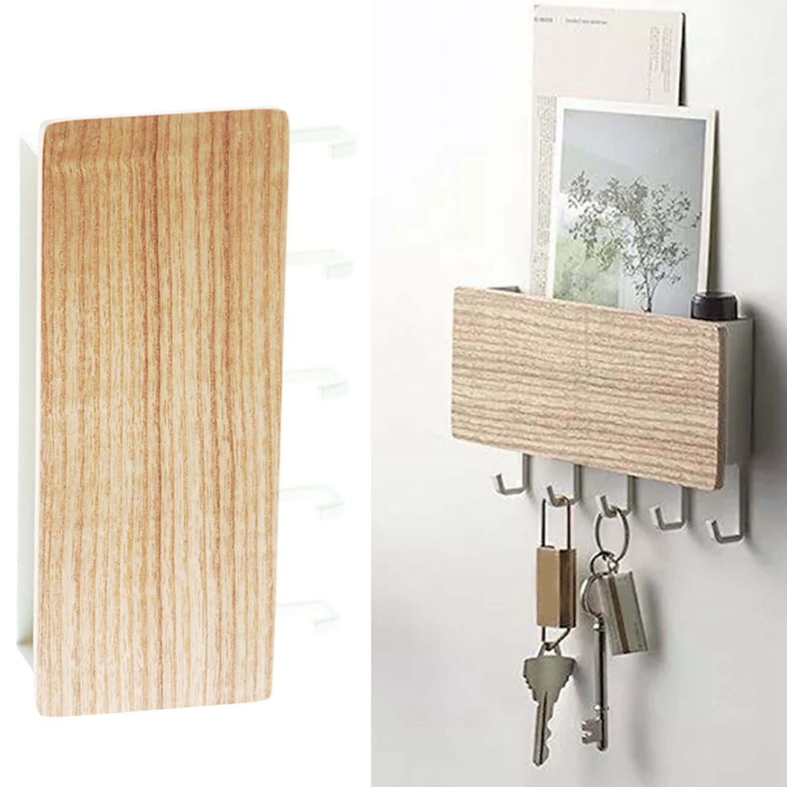 Japanese Wall Mounted Key Holder Wood with 5 Hooks Punch Free Multifunction Key Hanger for Home Natural Wood Color โ image 6