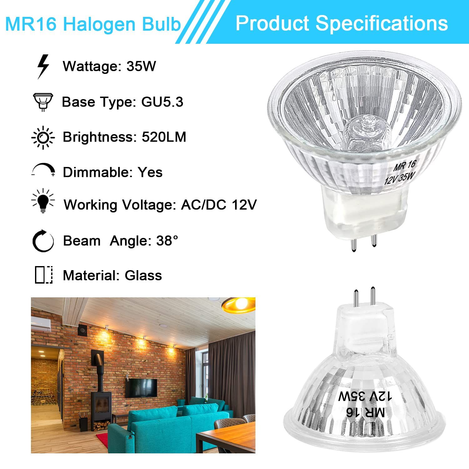 MR16 Halogen Bulb 35W Dimmable 12V GU5.3 Bi Pin Base Spotlight with Long Lifespan, 2700K Warm White MR16 Bulbs 6 Pack — image 3