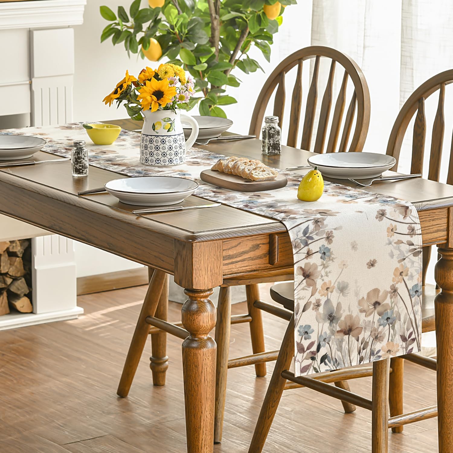 Brown Poppy Flowers Floral Blossom Summer Table Runner, Fall Kitchen Dining Table Decoration for Home Party Decor 13 × 72 Inch — image 4