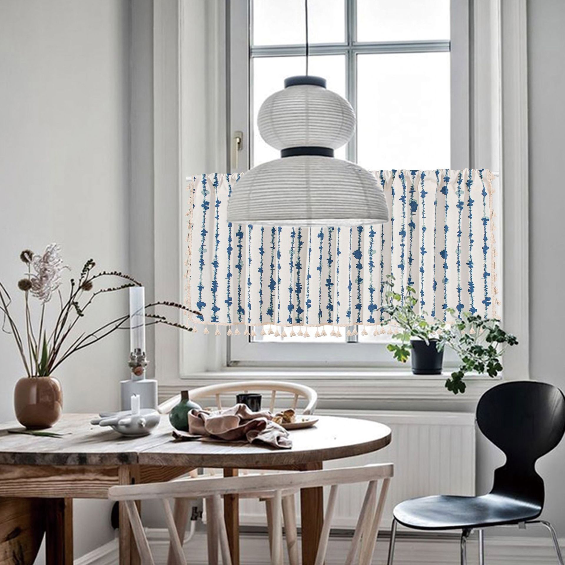 Blue Striped Cafe Curtain - 150 x 60 cm Cotton Linen Half Window Curtain with Tassel Trim for Kitchen, Cabinet and Small Window Decor — image 3