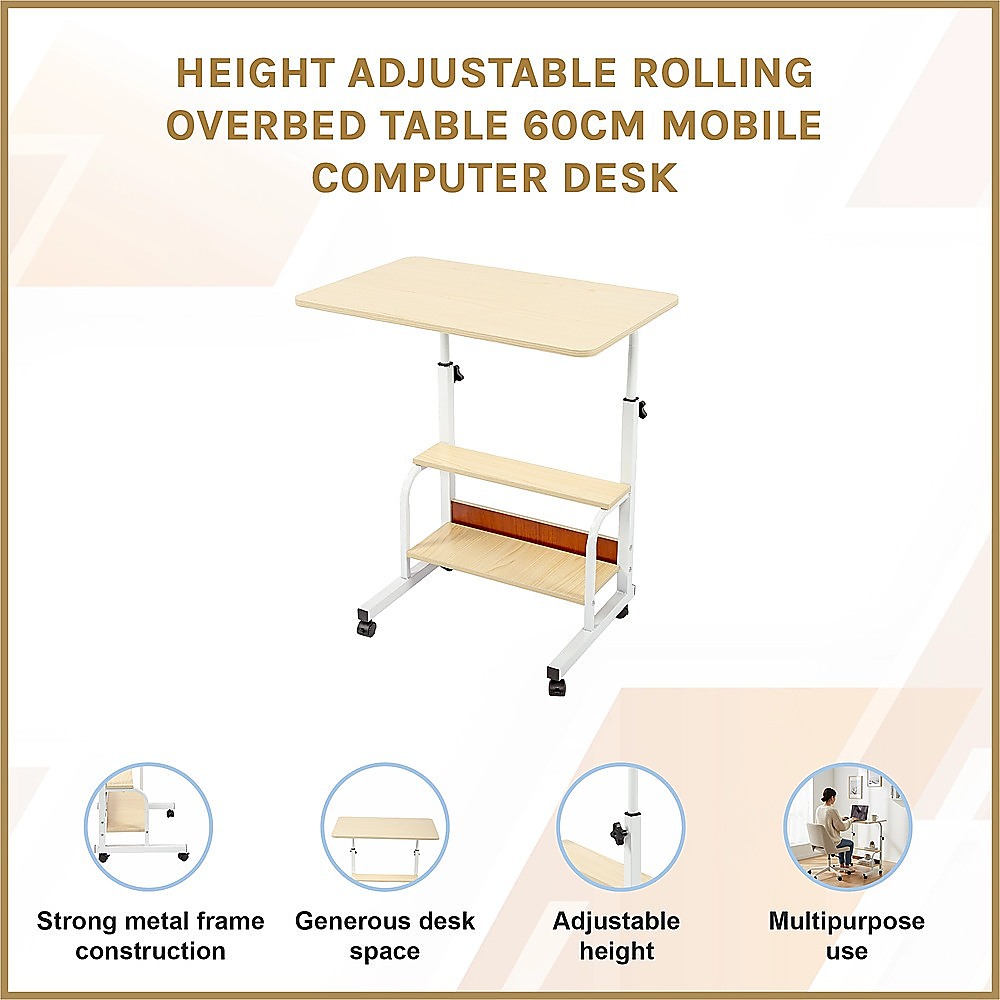 Height Adjustable Rolling Overbed Table 60cm Mobile Computer Desk — image 3