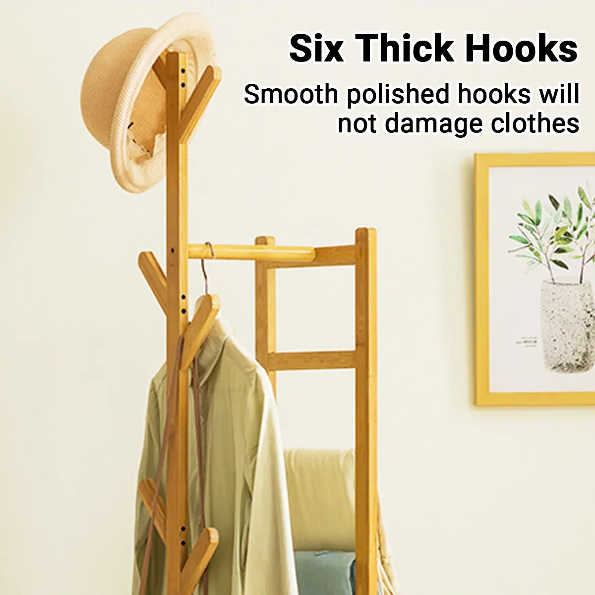 Simple Bamboo Standing Clothes Rack with 6Hooks Freestanding Garment Organizer — image 5