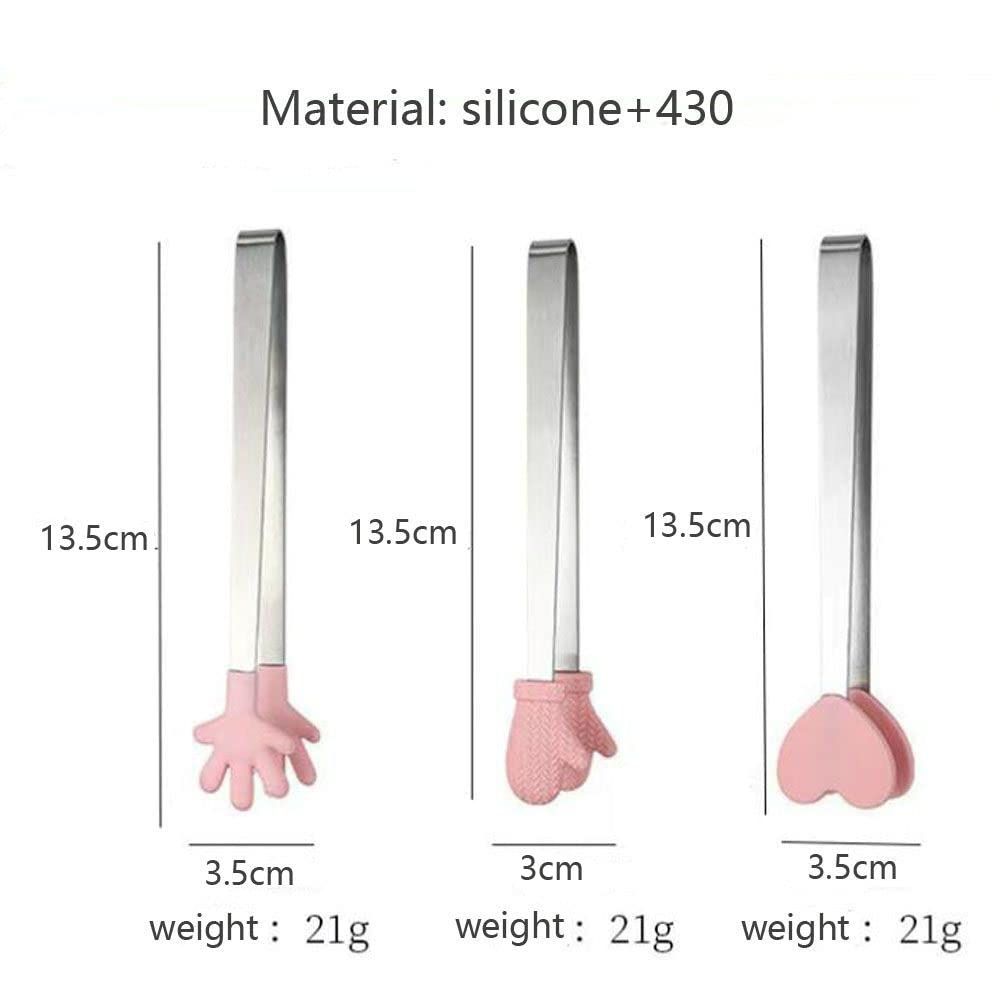 3 Pack Mini Dessert Tongs Stainless Ice Cube Clip Pink Hand Heart Glove Shape Small Non-Slip Silicone Baking Bread Tong Clips โ image 4