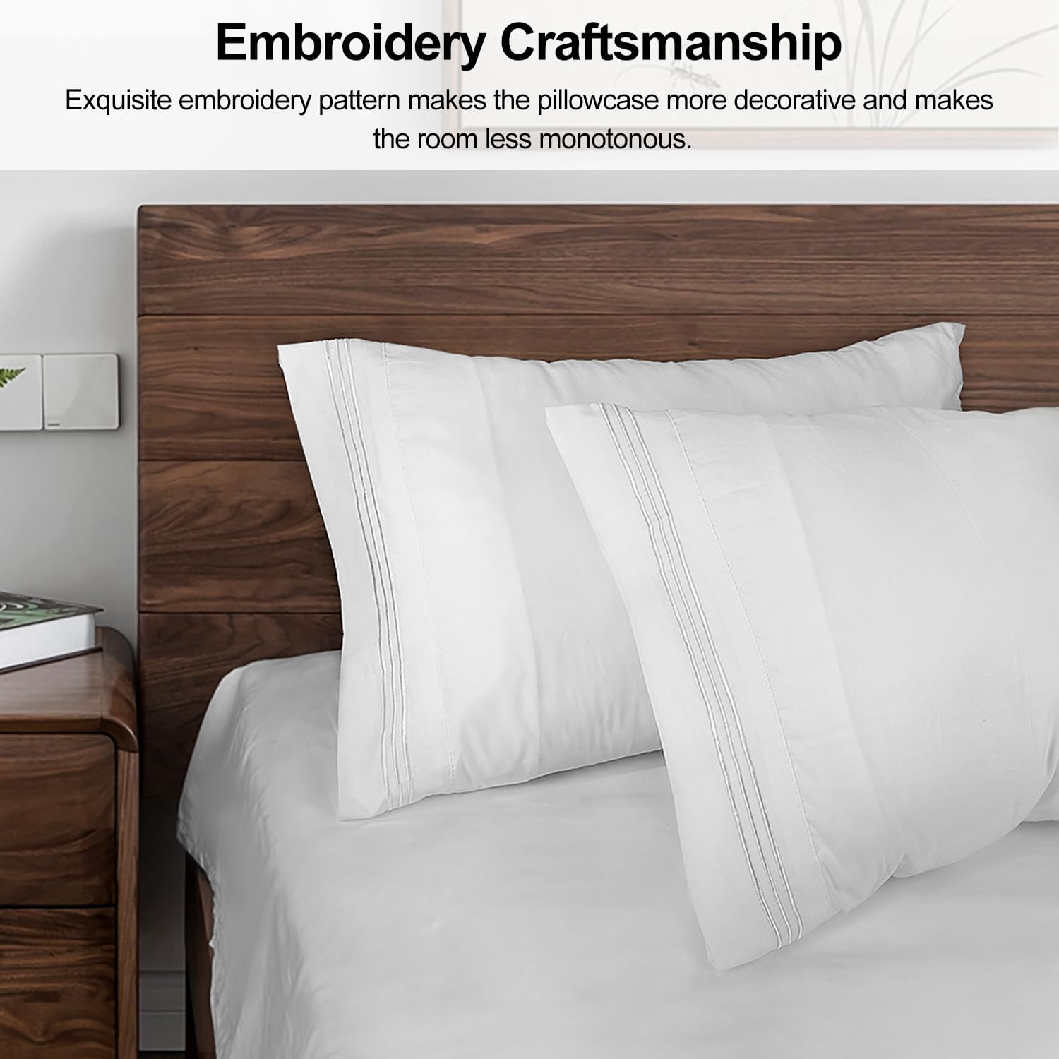 King Pillow Cases 2 Pack,1800 Thread Count Embroidered Soft Brushed Microfiber Pillowcases,White — image 2