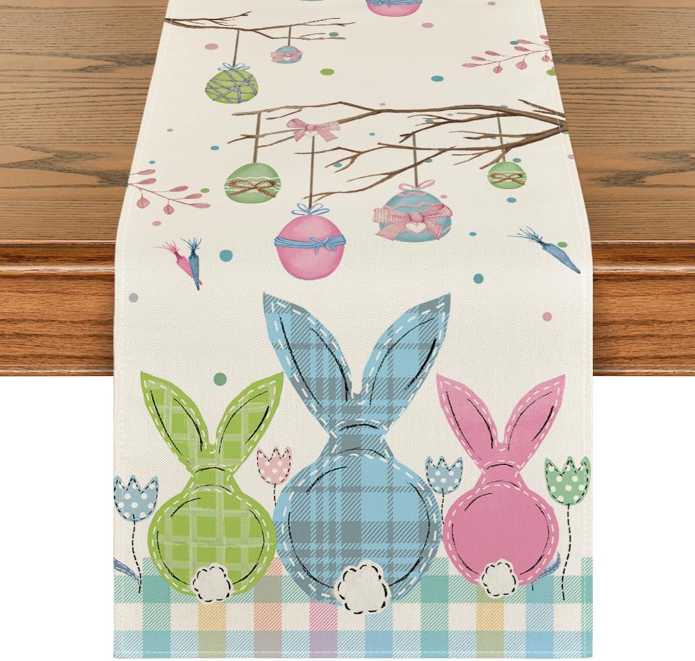 Buffalo Plaid Bunny Egg Carrot Easter Table Runner, Seasonal Spring Kitchen Dining Table Decoration for Home Party Decor 13 × 72 Inch