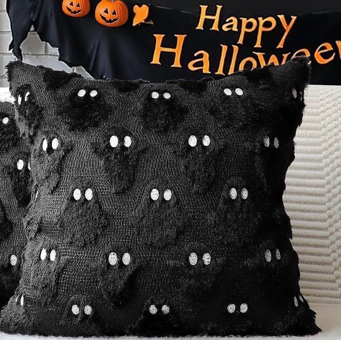 2PCS Fun Festival Short Plush Pillow Cover, Black Ghost Print Decorative Cushion Case, Household Sofa Bedroom Accessory, 45x45cm, Pillow Insert Not Included