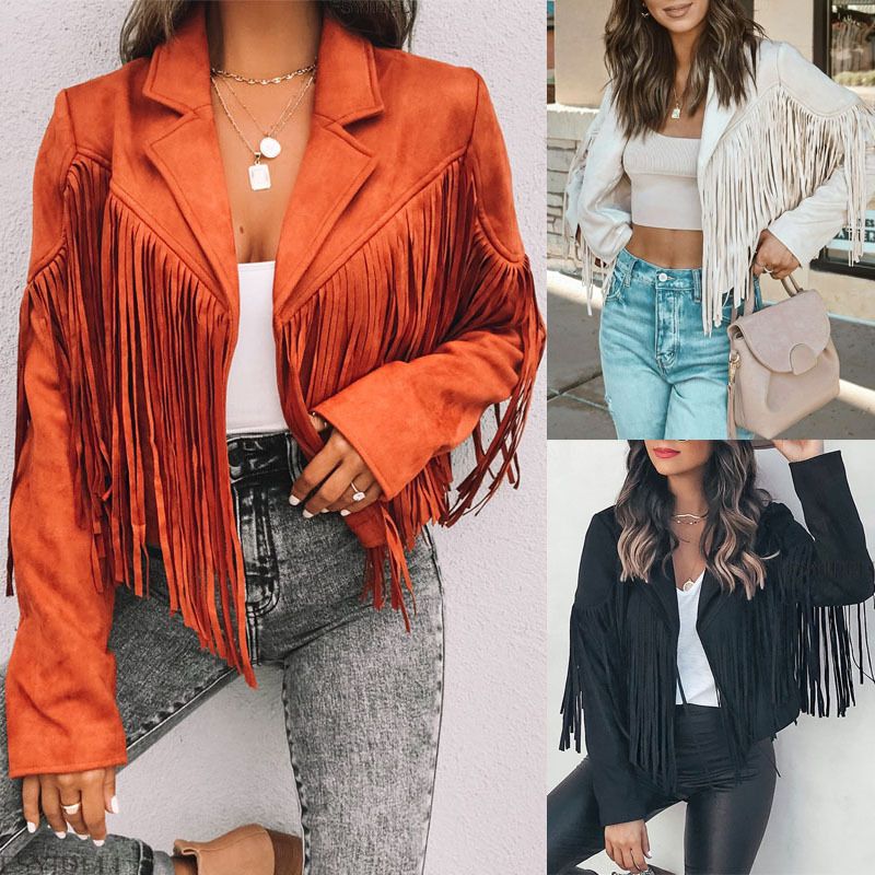 Women Suede Jacket Lapel Tassel Short SU2674 Beige Size: L; Height (cm): 165-170; Weight (kg): 55-60; Bust (cm): 90-94; Waist (cm): 74-78; Shoulder width (cm) — image 2