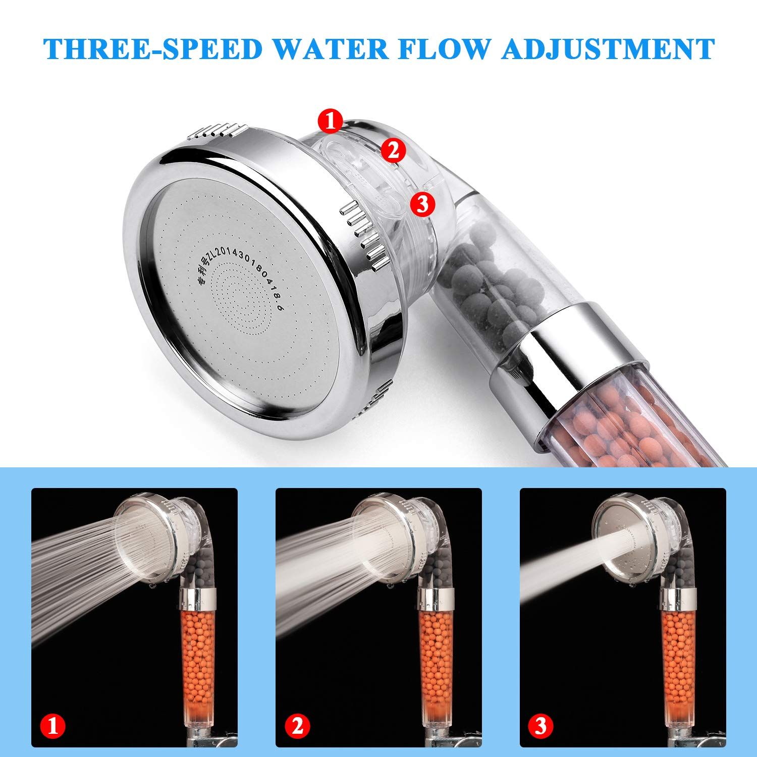 High pressure showerhead, ion filtration showerhead (3 settings), water-saving and stone filtration bead handheld showerhead โ image 2
