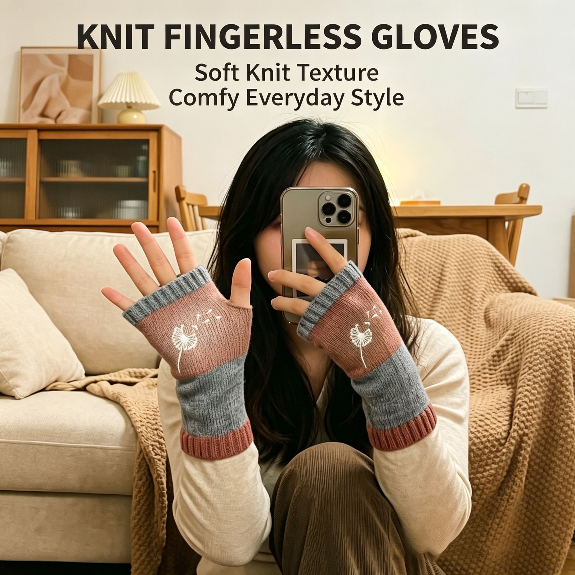 Fashion Spliced Knit Half Finger Gloves Cozy Hand Protection Work Mittens 2 Pcs Letter Green Pattern Great Christmas Present — image 4