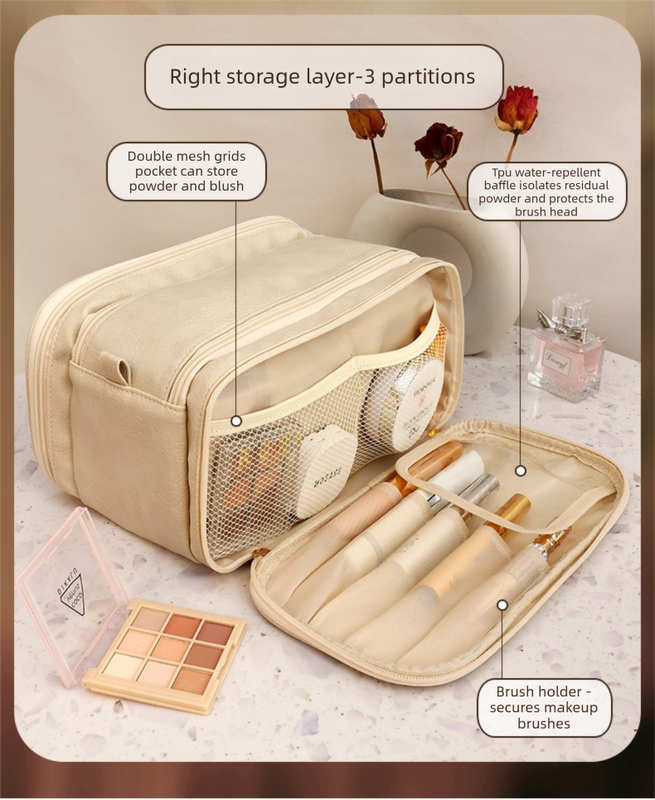 Large Pink PU Leather Makeup Bag Dual Zipper Cosmetic Travel Case Waterproof Toiletry Organiser with Brush Compartment — image 4