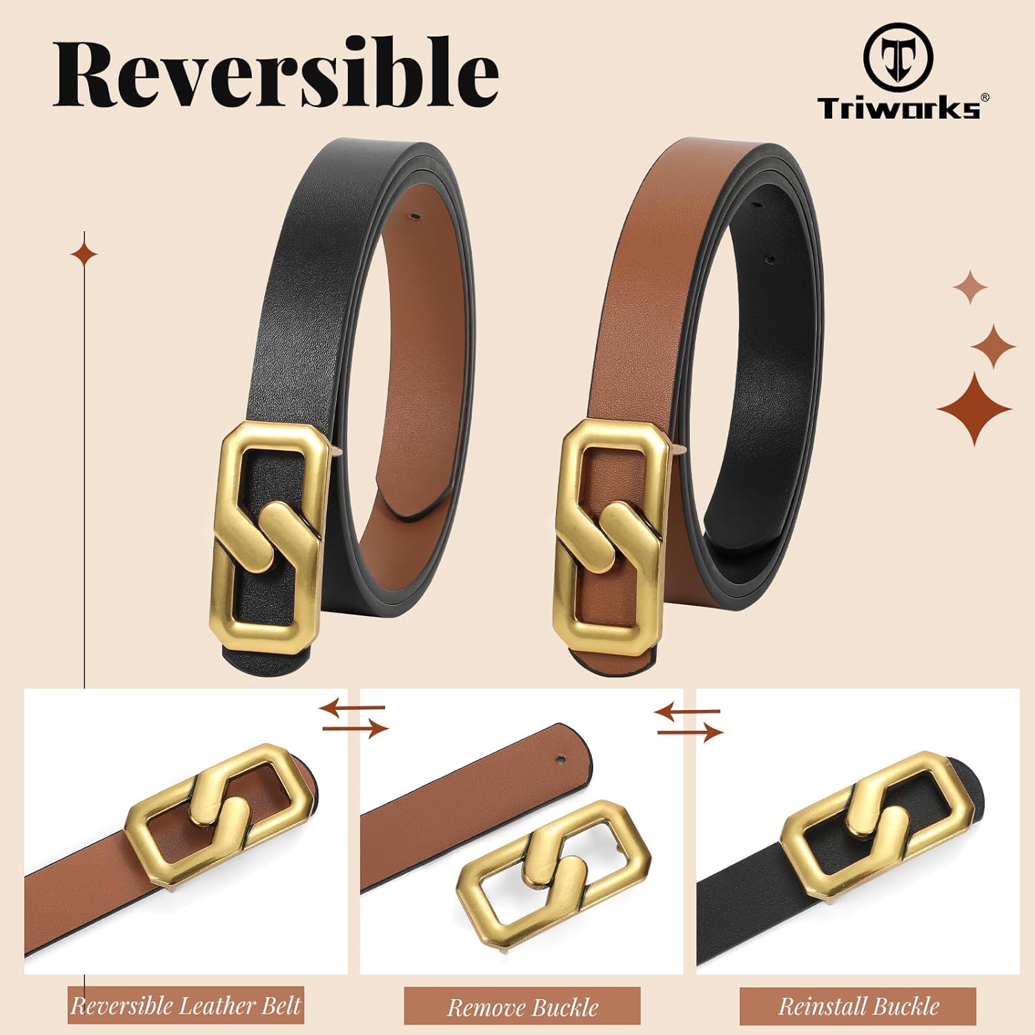 Women Reversible Leather Belt for Jeans, Ladies Waist Belt with Gold Buckle 0.9" Width โ image 6