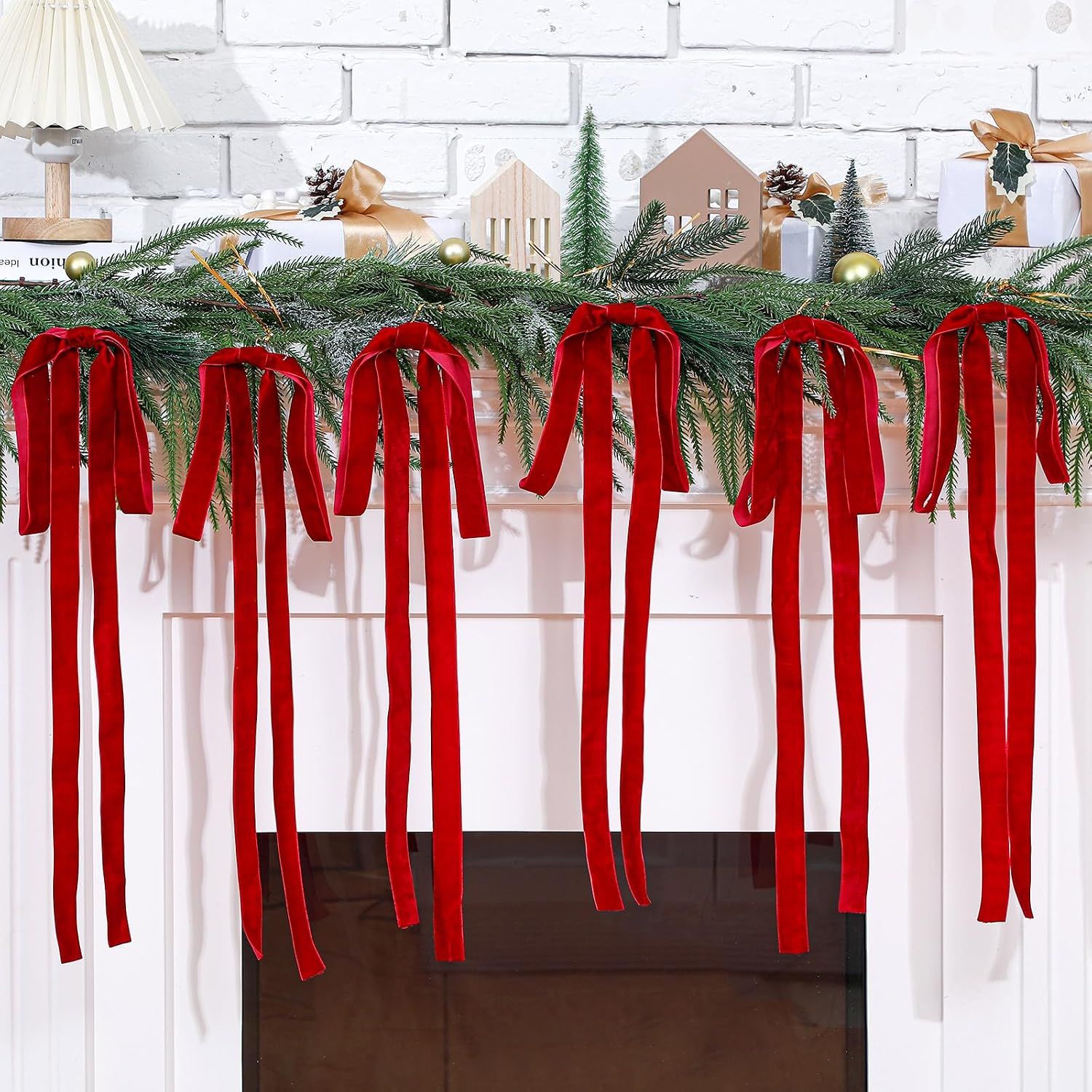 12 Pcs Red Velvet Ribbon Bows Christmas Tree Decorations 23.5x15.5 Inch Rustic Neutral Large Velvet Christmas Swag Ornaments Staircase Wreath Bows Vintage Tree โ image 3