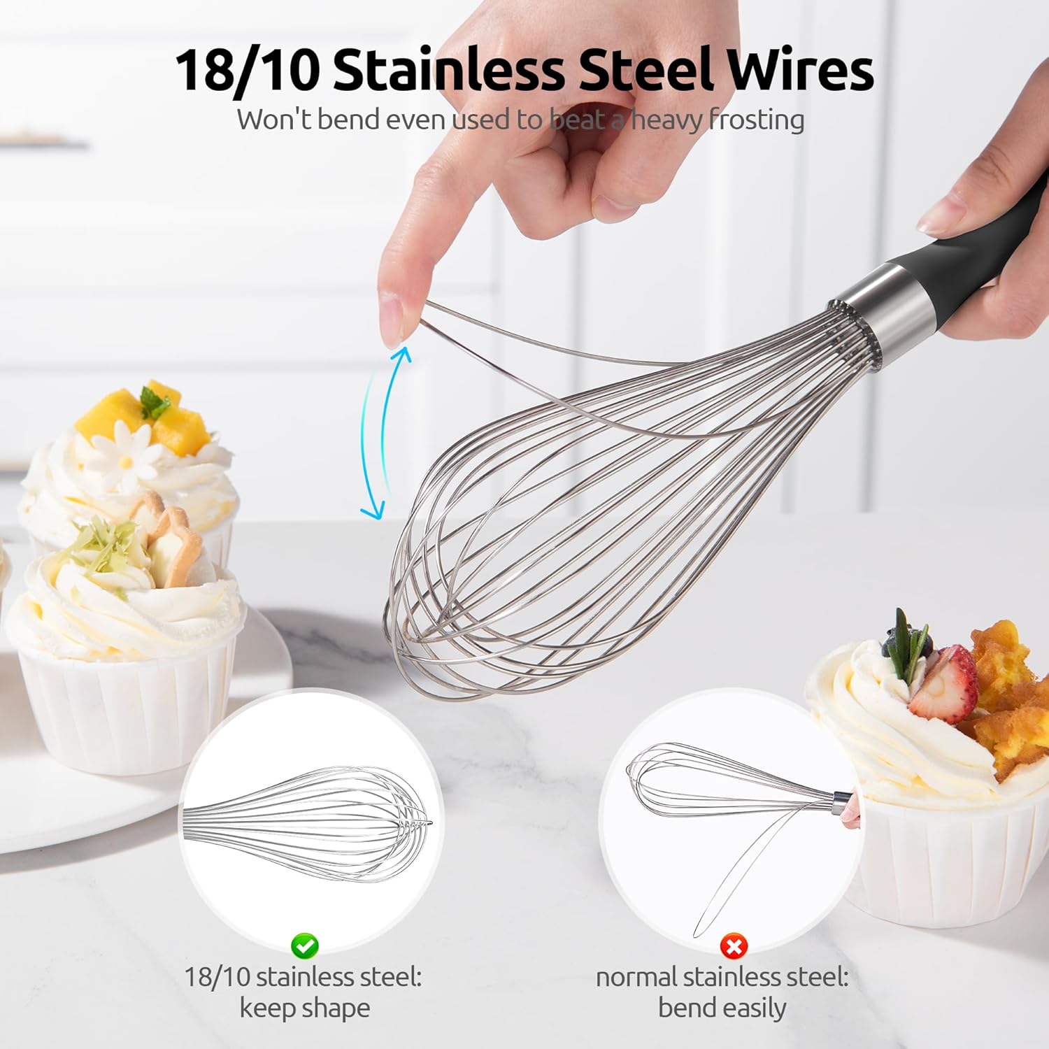 Balloon Whisk for Cooking: 18/10 Stainless Steel Kitchen Wire Whisk, 12in Large Heavy Duty Egg Beater, Manual Mixing Tool with 12 High Flex Wires for Stirring β image 4