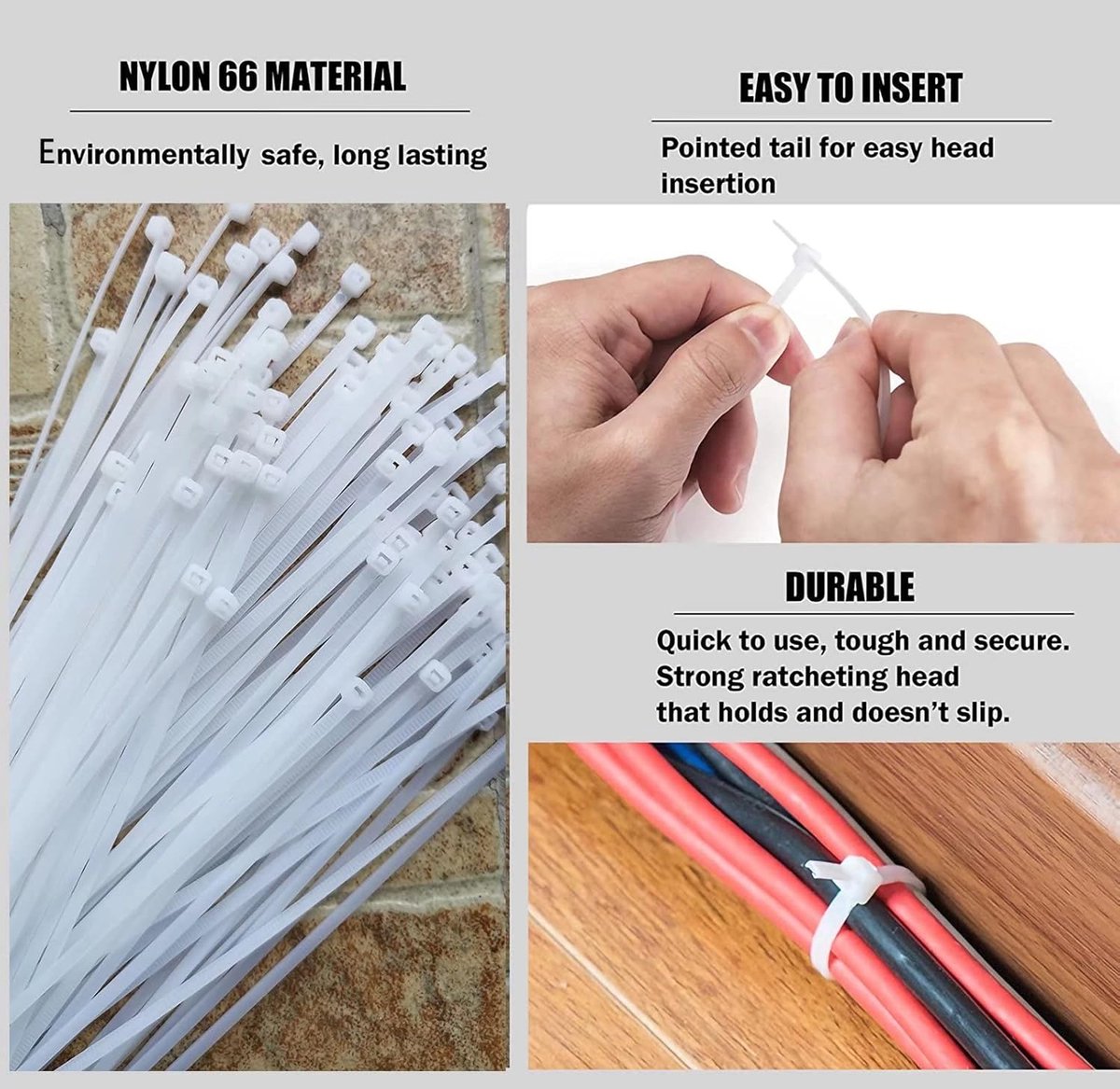 Nylon Cable Ties - Pack of 100 - 300mm x 4.8mm - Large White Nylon Cable Ties - Extra Strong - Tensile Strength 23kg - Self-Locking Plastic Cable Ties — image 4