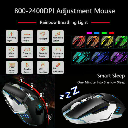 104 Keys Wireless Gaming Keyboard Mouse Set+Mouse Pad, RGB LED Backlit PC/Laptop Black-Rainbow — image 6