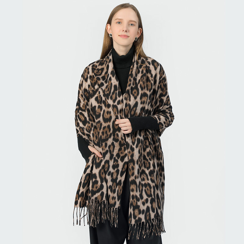 Stylish Animal Print Scarf - Warm Fall/Winter Shawl with Tassels, Imitation Cashmere(Khaki) โ image 4