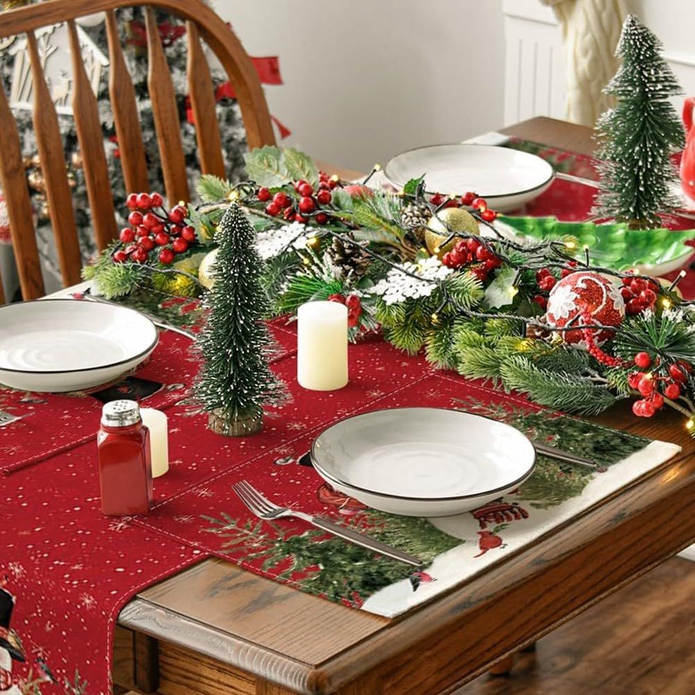 4pcs，Snowman Cardinal Tree Christmas Table Mat, Seasonal Winter Bird Christmas Holiday Rural Retro Thanksgiving Washable Table Mat — image 4