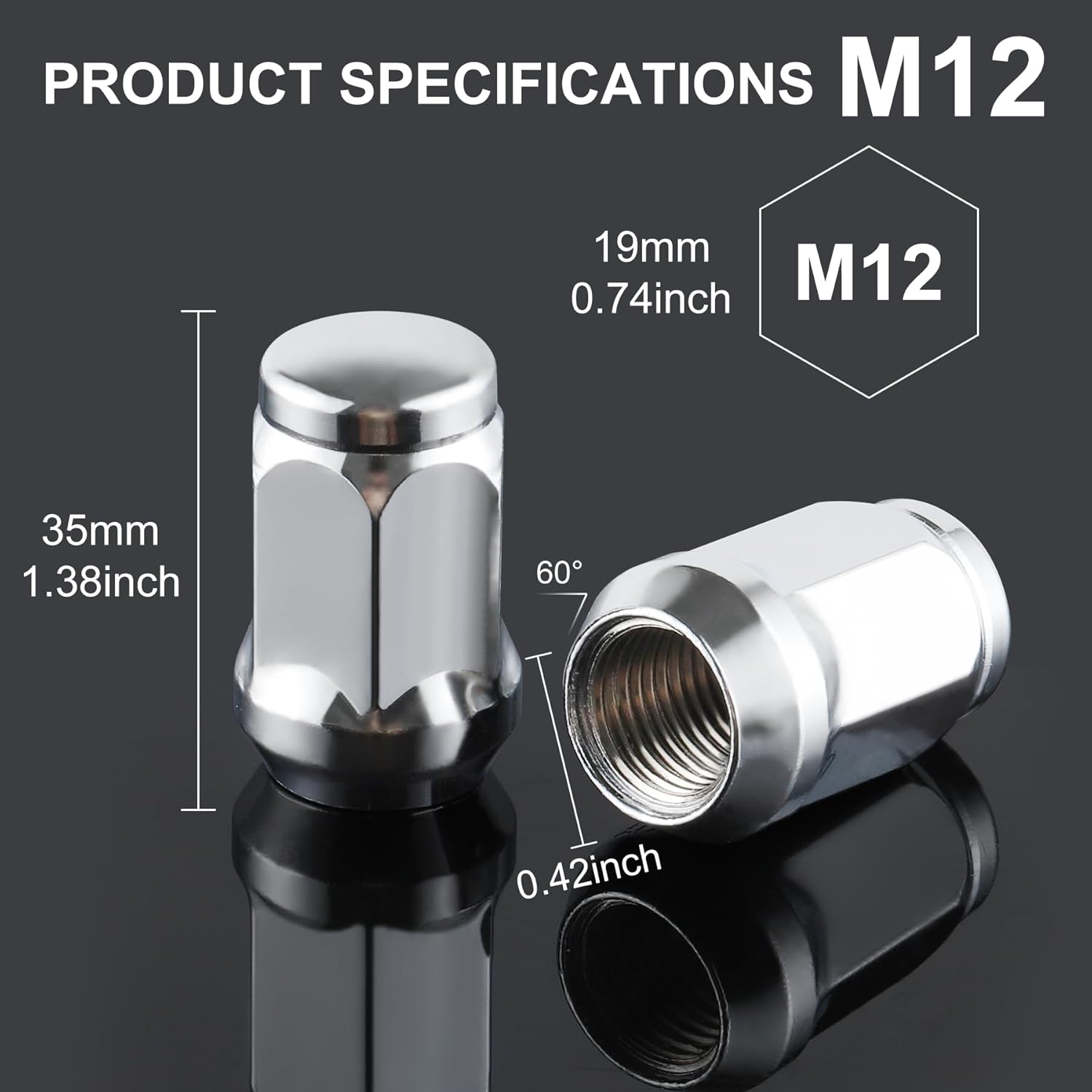 20PCS White Knight M12x1.5 Wheel Lug Nuts, One-Piece Design Bulge Acorn Chrome Nuts for Toyota Camry/Corolla/Tacoma Lexus/Ford Fusion/Focus Silver M12X1.5 — image 2