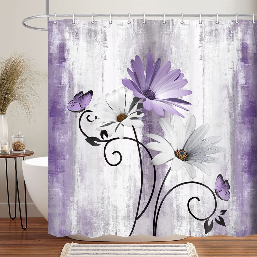 Rustic Farmhouse Shower Curtain, Farm Purple Daisy Floral Flowers and Butterfly on Country Wooden Showe, with 12PCS Hooks, 70 × 70IN — image 2