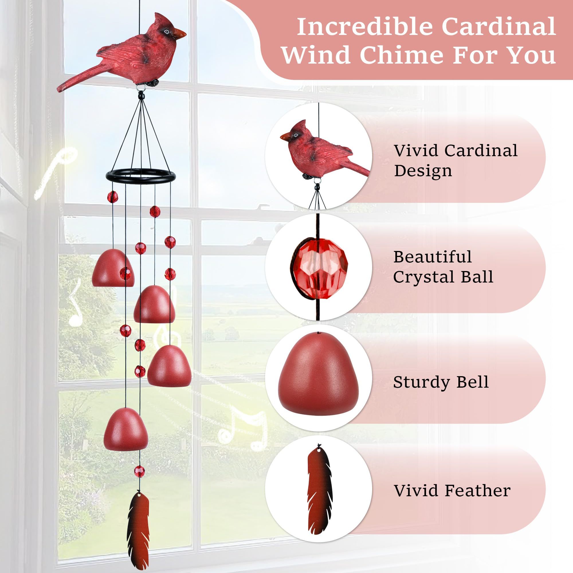 Red Bird Wind Chimes Indoor Resin Decorative Metal Hanging Bells Wind Chime,Gifts for Women Mom Wife (Red) — image 2