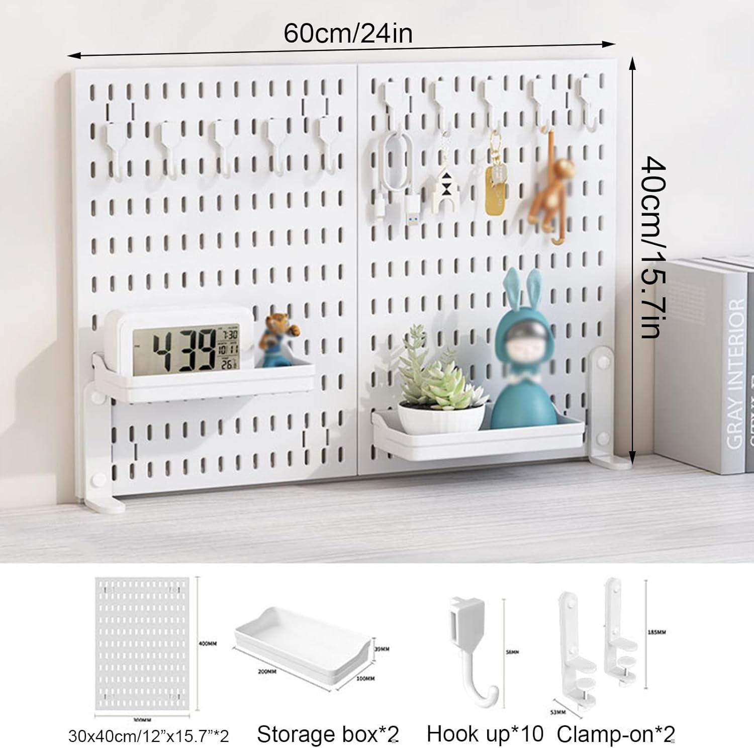 CARLA HOME 2 Pack Desk Pegboard Organizer Kit with Hooks, Tray & Mount Ideal for Office, Gaming Setup & Home Workspace Organization (White) — image 2