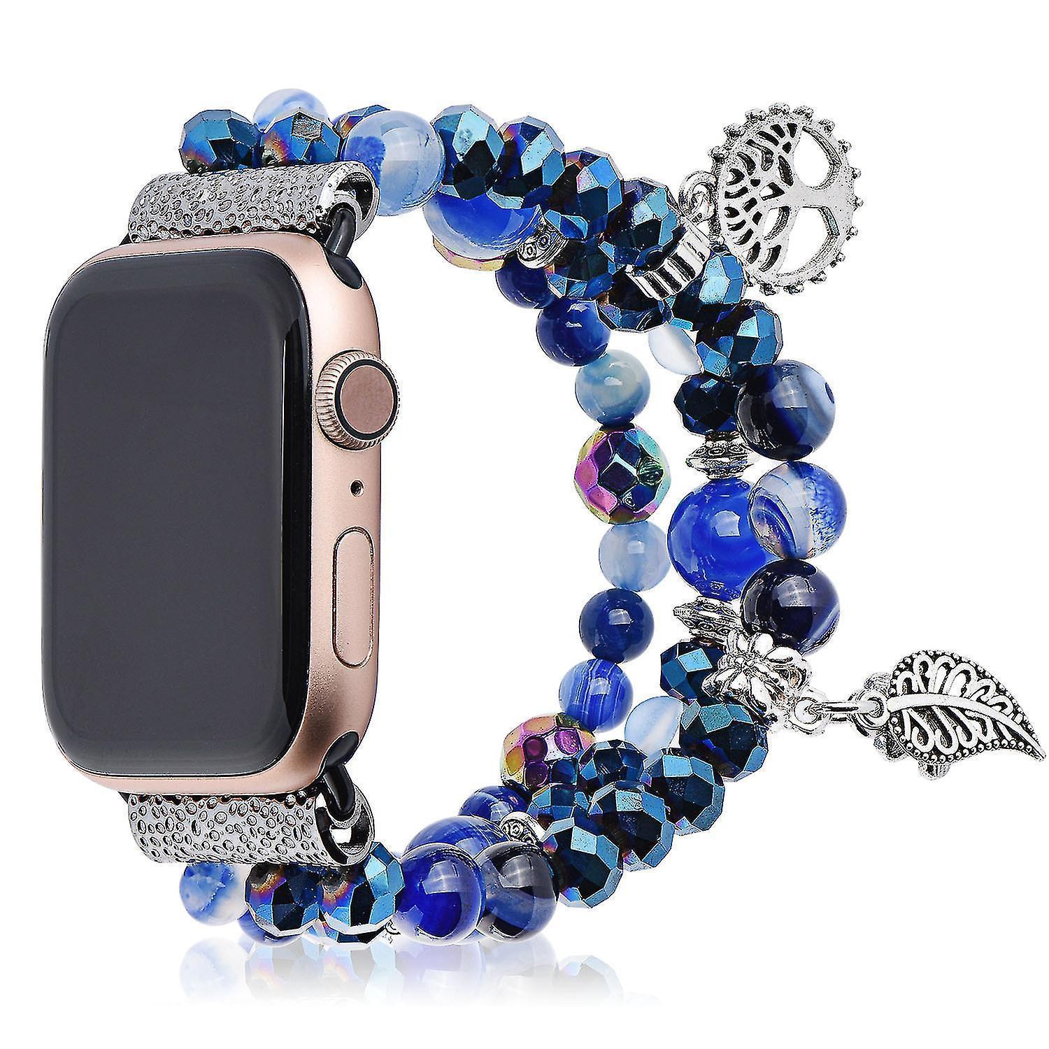 Fashion Iwatch Blue Crystal Beaded Bracelet Watchband Strap With Life Tree And Leaf Pendant For Apple Watch Series 7 45mm / 4/5/6/se 44mm / 1/2/3 42mm โ image 2
